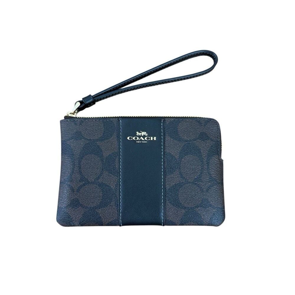 COACH Wristlet NEW Corner Zip Around Brown Black Signature Coated Canvas Wallet